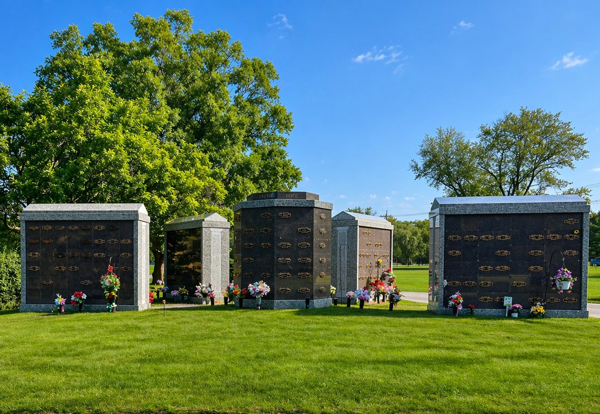 Rows of outdoor columbarium niches on a lawn, decorated with flowers