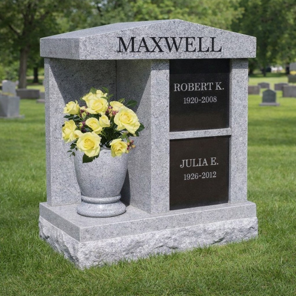 Granite family estate memorial marker with two engraved nameplates and a yellow rose bouquet in a vase