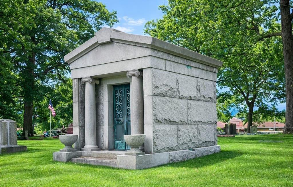 A stone private family mausoleum with columns and a metal door on cemetery grounds